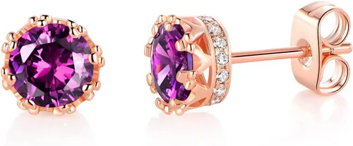 Miniatura 42 de MDFUN Aretes chapados en oro rosa para mujer, 0.236 in, corona brillante redonda, piedra natal, regalo de cumpleaños