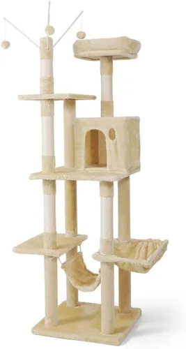 Miniatura 12 de BOWHAUS Árbol alto para gatos grandes o gatitos de interior, árbol de actividades para gatos de varios niveles con postes rascadores, hamaca