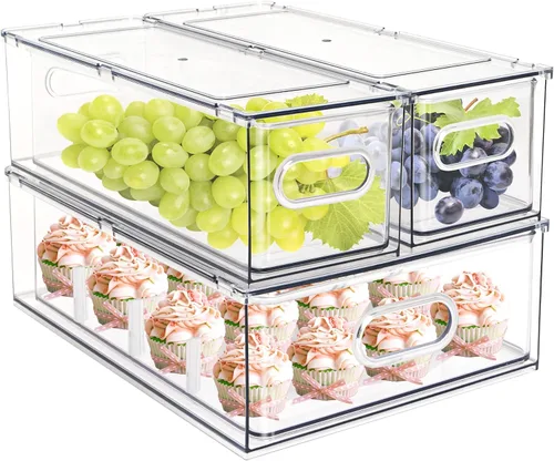 Miniatura 9 de Cajón apilable para nevera con asas, paquete de 3 recipientes grandes transparentes para alimentos con divisores extraíbles, caja de almacenamiento