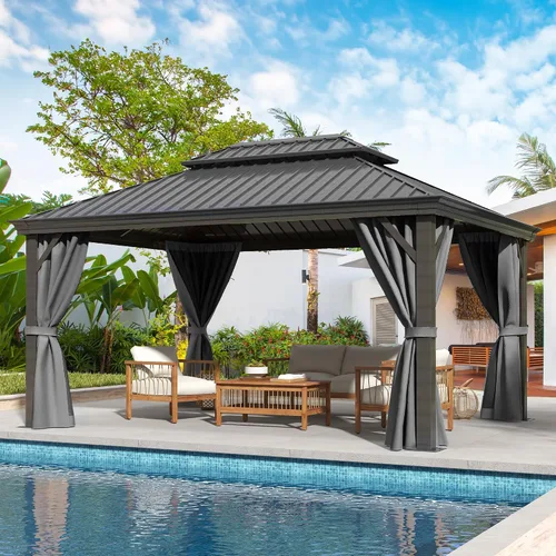Miniatura 16 de DWVO Gazebo de techo rígido de 10 x 10 pies, techo doble con redes y cortinas, techo de rayas verticales de acero galvanizado resistente para patio