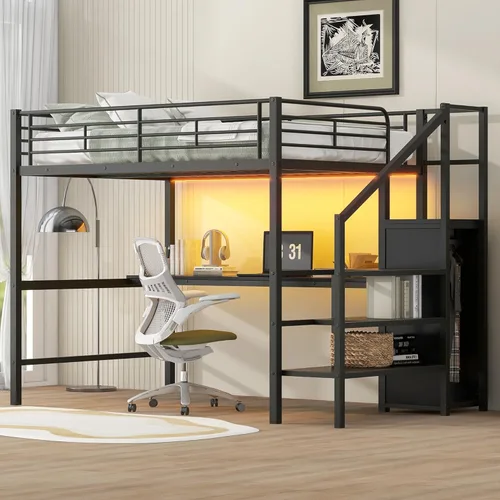 Bellemave Cama tipo loft de metal de tamaño matrimonial con escritorio en forma de L, marco de cama tipo loft con luz LED, estación de carga,