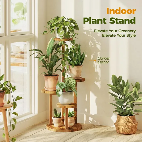 Miniatura 6 de Bamworld Soporte para plantas de 3 niveles para interiores, estante esquinero de madera para múltiples plantas, soporte redondo pequeño para flores