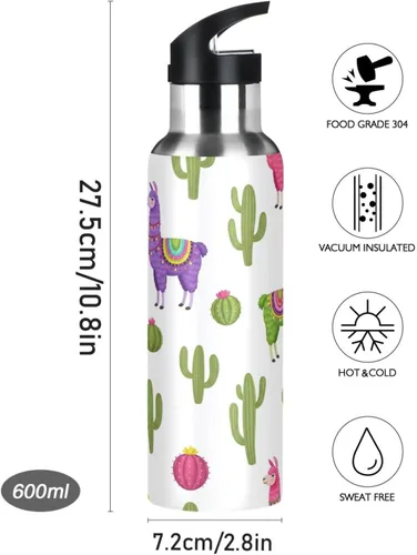 Miniatura 9 de Insulated Stainless Steel Water Bottle with Straw 20 Oz, Leakproof Water Bottles for Gym Outdoor Travel School, Colorful Llamas Cactus Cute