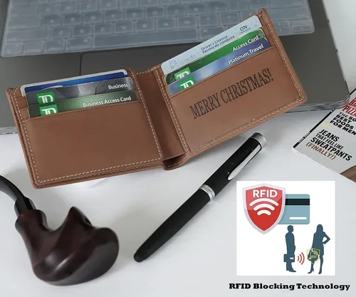 Miniatura 3 de Billetera plegable personalizada de piel auténtica para hombre, con bloqueo RFID, con ventana de identificación, tarjetero de cuero genuino