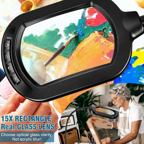 Miniatura 2 de Lupa grande con luz y soporte, lente de vidrio real óptico rectangular de 10X, lámpara de pie de lupa de cuello de cisne ajustable en altura, 5