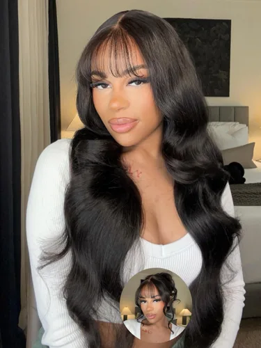 Miniatura 8 de Julia Hair Pelucas frontales de encaje sin pegamento 13X4 HD Pre Everything de cabello humano esponjoso natural ondas sueltas con flequillo cortina