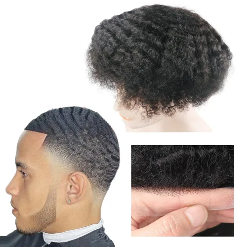 Miniatura 12 de Pelucas Afro Rizadas Toupé para Hombres Pelucas para Hombre Afroamericano Negro Unidad de Cabello Masculino Negro Rizado Afro Tejido Masculino