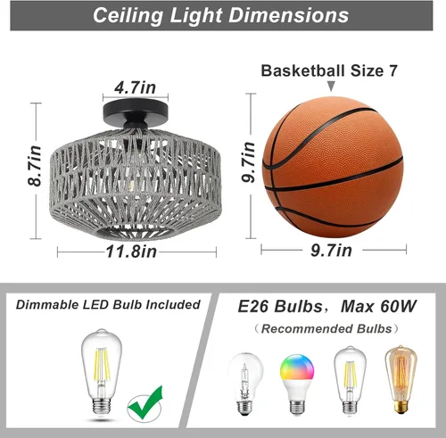 Miniatura 4 de Lámpara bohemia para techo, lámpara de techo de ratán con bombilla LED regulable, mini lámpara de araña tejida a mano para pasillo, dormitorio, Gris