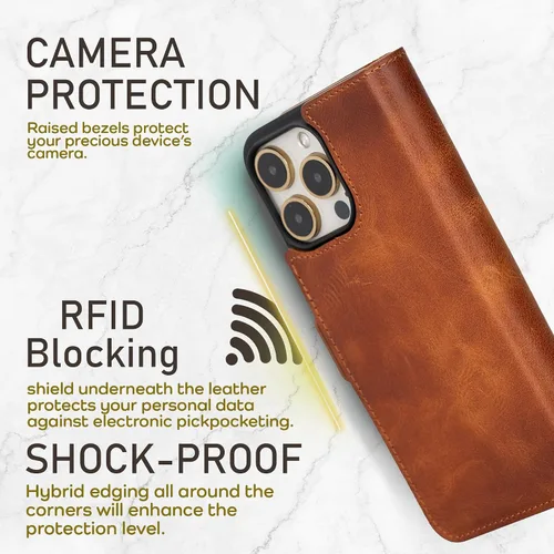 Miniatura 5 de Bayelon Funda tipo cartera para iPhone 15 Pro Max, de cuero de grano completo, cubierta abatible magnética desmontable, tarjetero, funda tipo Marrón
