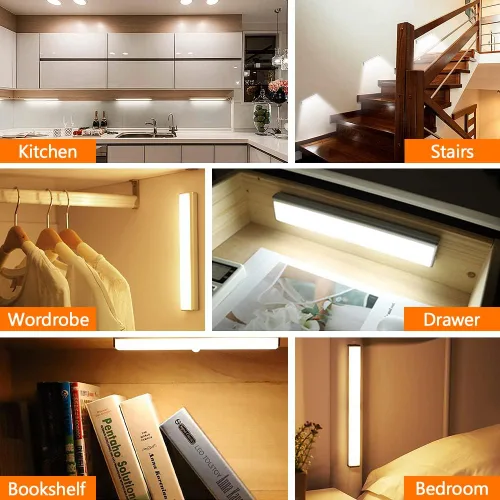 Miniatura 7 de Paquete de 4 luces LED con sensor de movimiento, 10 luces LED para armario, funciona con pilas, barra de luz nocturna magnética adhesiva
