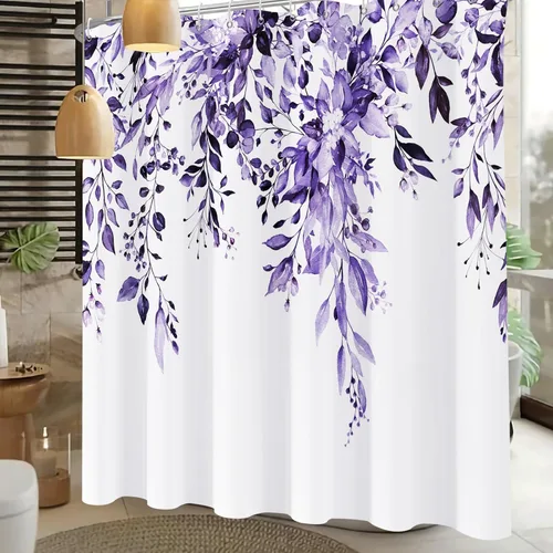 Miniatura 3 de Cortina de ducha, cortinas de eucalipto púrpura para baño, cortinas de baño con hojas en acuarela lavables, impermeables, juego de cortinas de hojas