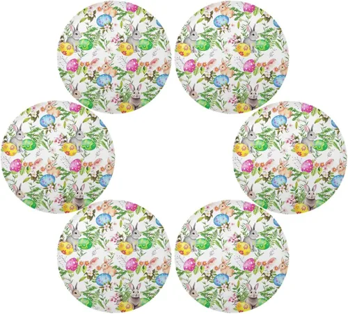 Juego de 6 manteles individuales redondos de Pascua, huevos de conejo de Pascua, flores y flores, manteles individuales para mesa de cocina,