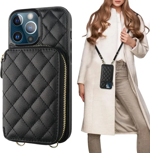 Miniatura 12 de Bocasal Funda tipo cartera con bandolera para iPhone 13 Pro Max, cartera de cuero PU con cierre de cremallera y bloqueo RFID, funda tipo folio