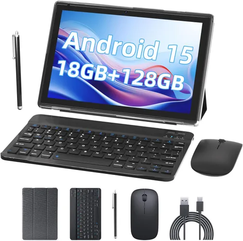 PEICHENG Tablet Android 15.0 de 10 pulgadas, 18 GB de RAM+128 GB ROM+2 TB expandibles, juego de pestañas con teclado/estuche/ratón/lápiz capacitivo,