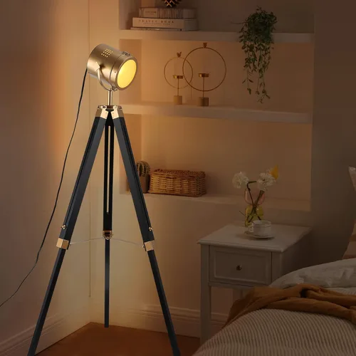 Miniatura 7 de Lámpara de pie con trípode negro industrial para sala de estar, casa de campo, iluminación de latón dorado, lámpara de pie de mediados de siglo