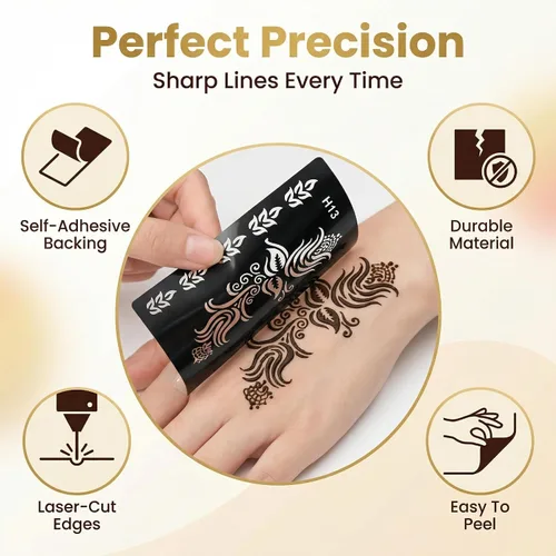 Miniatura 9 de Kotbs 32 hojas de plantillas de tatuaje de henna para manos, antebrazo, pintura facial, arte corporal, plantillas de tatuaje de flores con purpurina