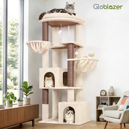 Miniatura 7 de Globlazer Árbol esquinero de 64 pulgadas para gatos grandes de interior, torre para gatos de varios niveles que ahorra espacio con 2 condominios, 2