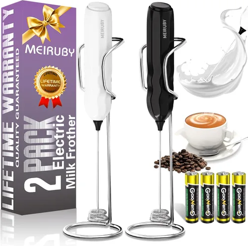 MEIRUBY Paquete de 2 espumadores de leche manuales con soporte, regalos para el Día de San Valentín para él y para ella, potente espumador de café