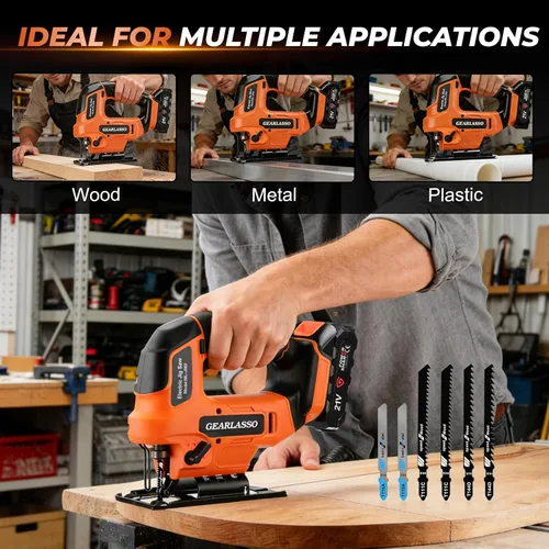 Miniatura 7 de Sierra caladora inalámbrica de 21 V con 2 baterías de 2.0 Ah, rompecabezas de velocidad variable de 2800 RPM para madera y metal, 4 ajustes