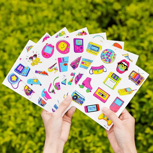 Miniatura 6 de Tatuajes temporales retro de Regreso a los años 90 y 80 para niños, diseños coloridos, 96 piezas, perfectos para fiestas temáticas de cumpleaños