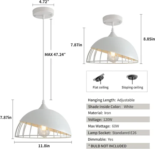 Miniatura 6 de Lámpara colgante blanca, 2 paquetes de 9.4 pulgadas de casa de campo, luces colgantes de cocina, iluminación colgante industrial, luces colgantes