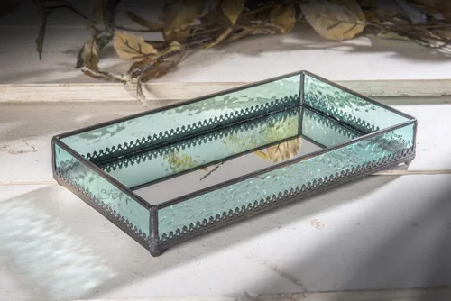 Miniatura 4 de Bandeja de cristal azul turquesa con fondo de espejo, decorativa para baño, tocador, cosméticos, maquillaje, exhibición, soporte para perfumes