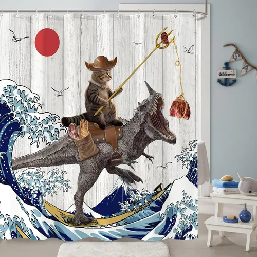Miniatura 3 de Cortina de ducha divertida con gato y dinosaurio, cortina de baño fresca y genial con olas del océano japonés, cortinas impermeables de tela