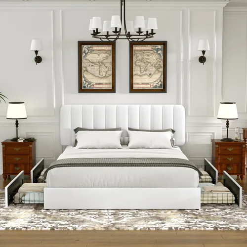 Miniatura 2 de VECELO Marco de Cama Tapizada Tamaño Full con 4 Cajones y Cabecero, Marco de Cama Plataforma de Almacenamiento de Terciopelo, Soporte de Listones