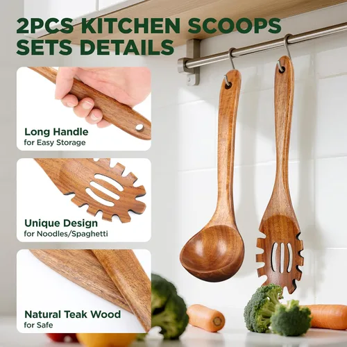 Miniatura 6 de Cucharas de madera para cocinar, juego de utensilios de cocina de madera de teca natural, cucharón grande para sopa y pasta ranurado tenedor colador