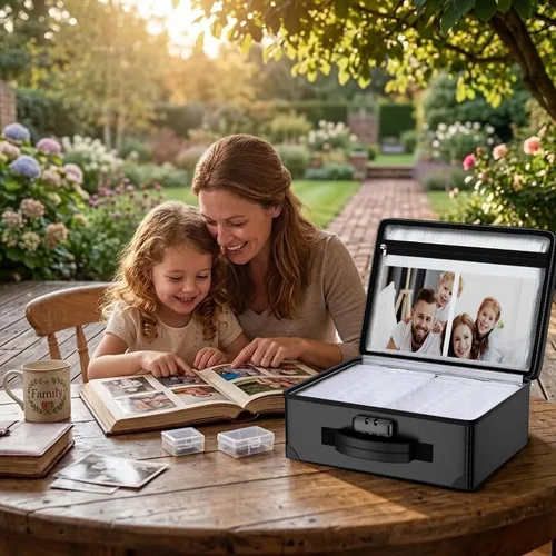 Miniatura 8 de ENGPOW Caja de almacenamiento de fotos ignífuga de 5200 °F con 16 fundas interiores de 4 x 6 pulgadas (transparente), organizador de fotos