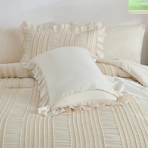 Miniatura 9 de WONGS BEDDING Juego de edredón individual, 6 piezas de cama beige en una bolsa para dormitorio, edredón bohemio con volantes para cama individual