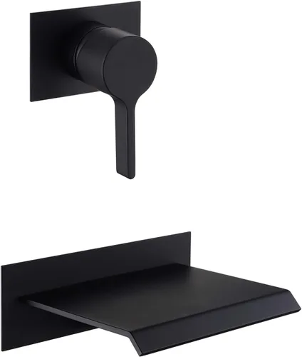 sumerain Grifo de bañera de montaje en pared negro con boquilla de bañera en cascada manija única con válvula áspera de alto flujo Negro mate