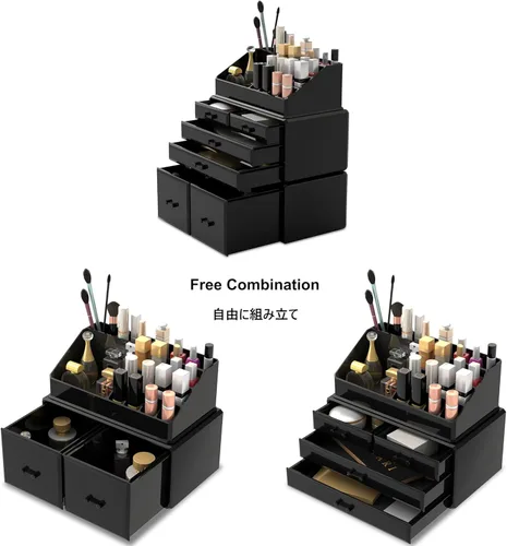 Miniatura 7 de READAEER Organizador de maquillaje 3 piezas Estuche de almacenamiento de cosméticos con 6 cajones (negro)