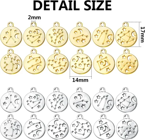 Miniatura 3 de Dijes redondos del signo del zodiaco, con doce constelaciones, dijes de aleación del zodiaco, dijes de doble cara para joyería, aretes, pulseras