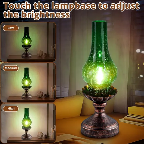 Miniatura 2 de Lámpara de mesa vintage con pantalla de cristal agrietado verde, control táctil y regulable de 3 vías, lámpara de noche rústica retro