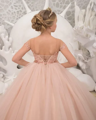 Miniatura 5 de Uzqast Lace Appliques Flower Girls Dresses Tulle Short Sleeves Princess Long Wedding Pageant Ball Gown Dress for Girls