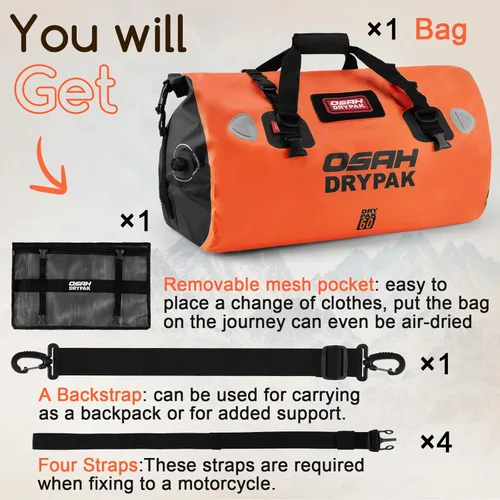 Miniatura 7 de OSAH DRYPAK Bolsa de lona impermeable – Bolsa seca para motocicleta con gran espacio de almacenamiento, bolsas de equipaje impermeables con bolsillo