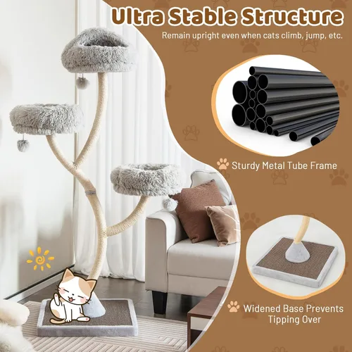 Miniatura 7 de Tangkula Árbol alto para gatos, torre grande de varios niveles para gatos de 70 pulgadas con 3 perchas cálidas, 3 bolas de tintineo, postes Gris