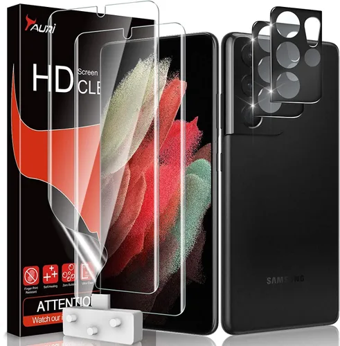 TAURI Diseñado para Samsung Galaxy S21 Ultra 5G, paquete de 2 protectores de pantalla de TPU flexible + protector de lente de cámara, compatible con