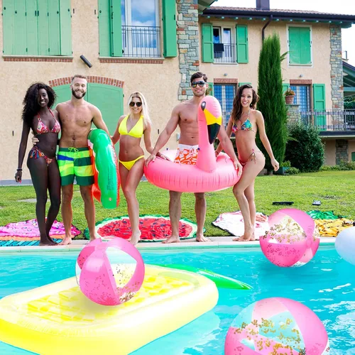 Miniatura 6 de Chivao 12 bolas de playa de color rosa intenso de 16 pulgadas inflables con purpurina grande para piscina, decoración de confeti flotante