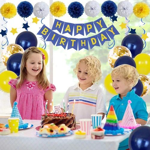Miniatura 6 de Xourspaty Decoraciones de cumpleaños, suministros de fiesta de cumpleaños, banderines para hombres y mujeres, azul marino, amarillo, confeti, globos
