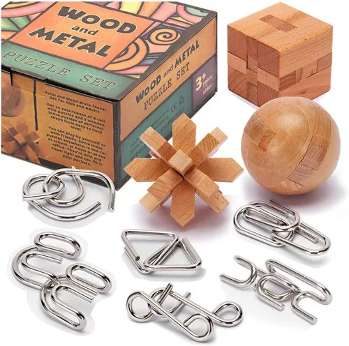 LESONG Rompecabezas Mentales de Metal y Madera para Niños y Adultos Paquete de 9, Prueba de Mente, CI y Lógica y Juegos de Desenredamiento