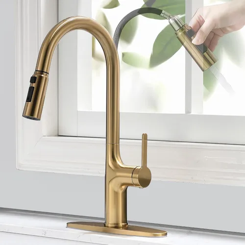 Miniatura 8 de Grifos de cocina, grifo de cocina negro y dorado con rociador extraíble, grifo de fregadero de cocina de acero inoxidable de arco alto, grifo