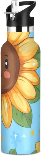 Cartoon Fuuny Sunflower Lightweight Reusable Water Bottle Insulated with Straw Lid Double Wall Vacuum Insulated Bike Running Sports Travel Gym termo