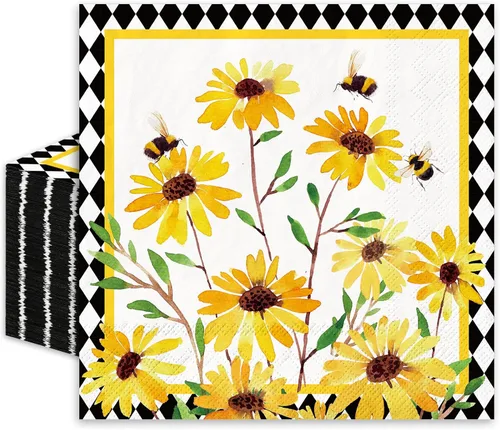 JarThenaAMCS 80 servilletas de almuerzo con girasol, abejas florales, desechables, servilletas de papel decorativas a cuadros de diamantes para