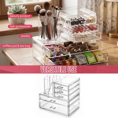 Miniatura 7 de ShineMe Organizador de maquillaje acrílico, organizador de cosméticos apilable de 2 niveles para tocador con soporte giratorio de 360° para brochas