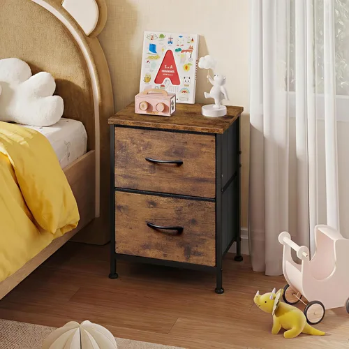 Miniatura 7 de WLIVE - Mesita de noche pequeña con 2 cajones y parte superior de madera, mesita de noche con contenedores de tela, mesa auxiliar para dormitorio