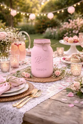 Miniatura 4 de Tarro rosa para centros de mesa, pintado a mano, cuarto de galón envejecido de 32 onzas, 7 pulgadas de alto, centro de mesa rústico de baby shower