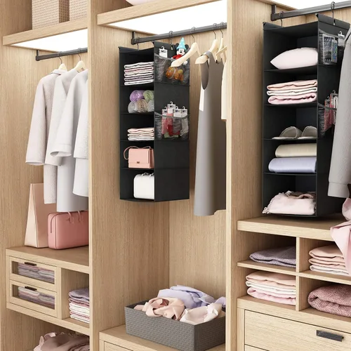 Miniatura 7 de MAX Houser Organizador de armario colgante de 5 estantes, ahorro de espacio, estantes colgantes de tela con 4 bolsillos laterales, plegable, negro