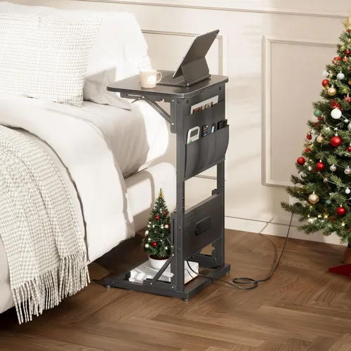 Miniatura 2 de HLDIRECT - Mesa auxiliar en forma de C con estación de carga, mesa lateral para sofá con bolsa de almacenamiento, bandeja para TV ajustable